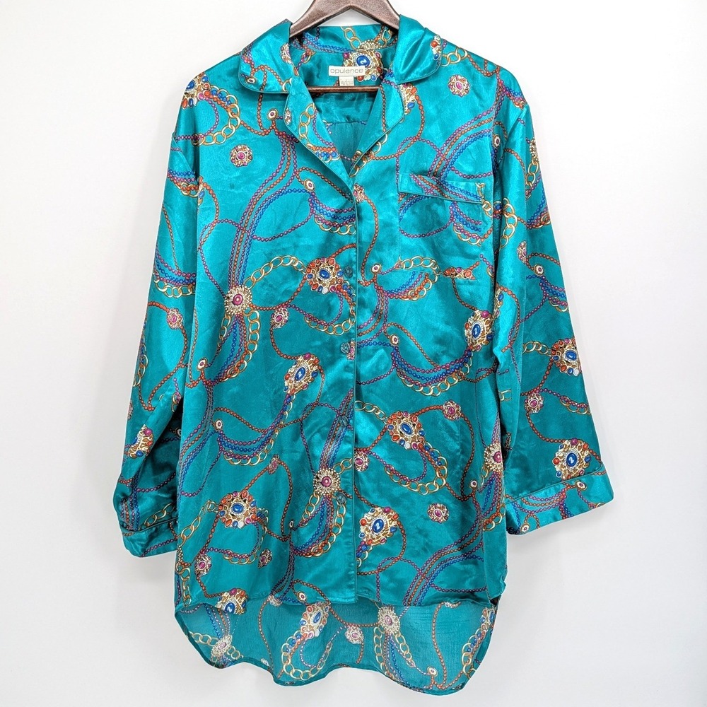 Opulence Teal Satin Chain Jewel Print Button Up Sleep Shirt High Low Size L‎